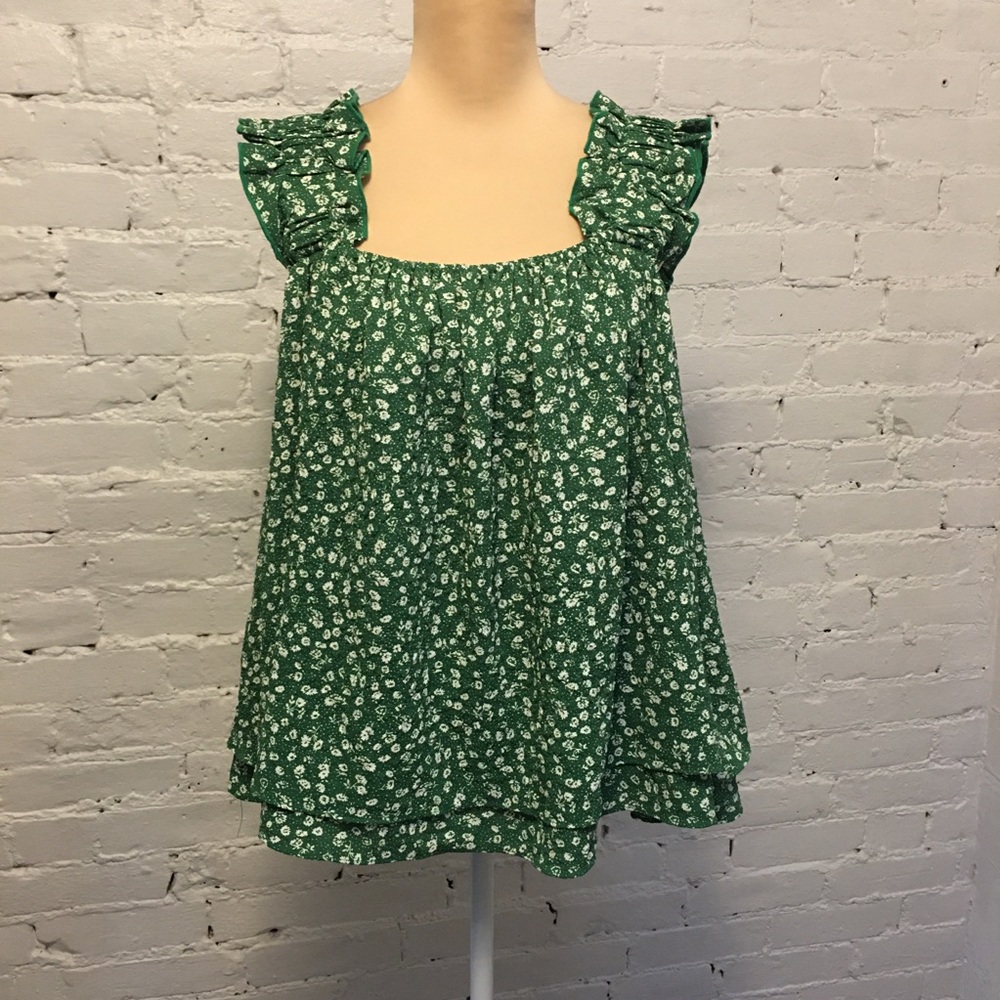 Hyacinth House ruffle sleeve a-line top green floral m preppy party tuckernuck